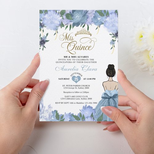 Dusty Blue Floral Princess Mis Quince Quinceaera Invitation