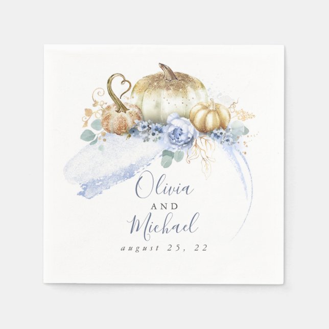 Dusty Blue Floral Pumpkins Cute Fall Party Napkins (Front)