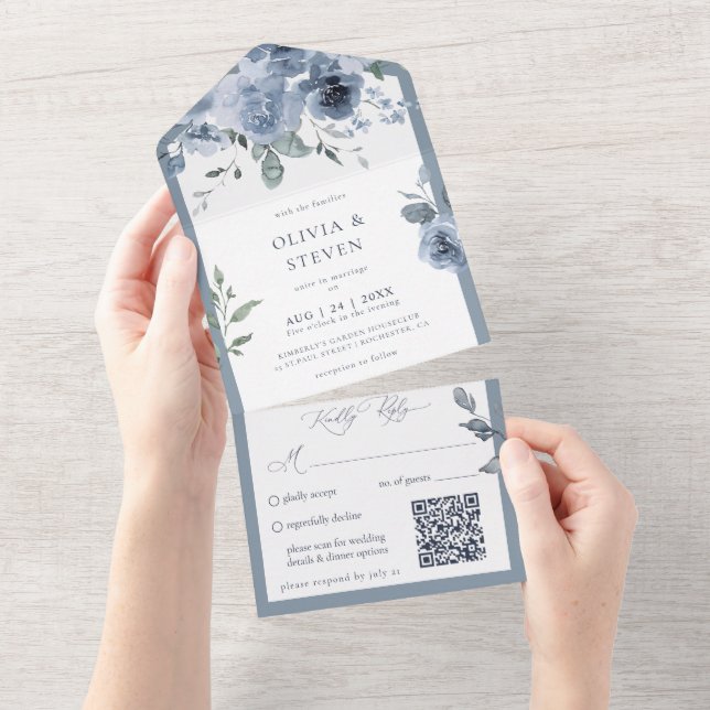 Dusty Blue Floral QR Code All In One Invitation (Tearaway)
