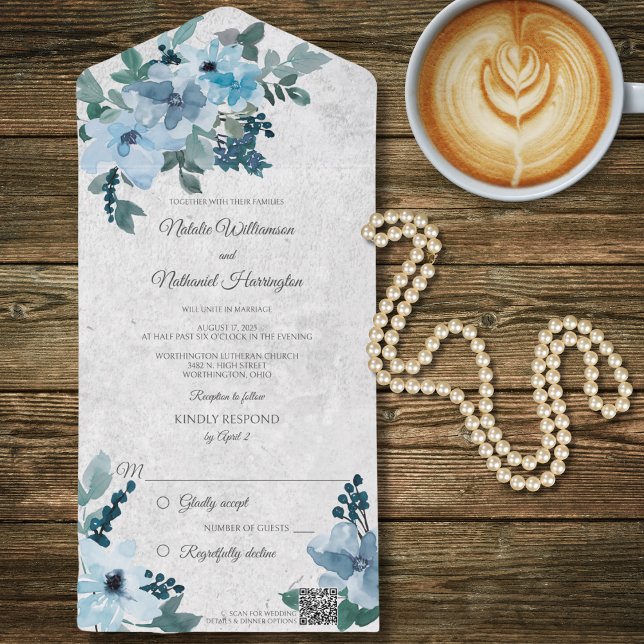 Dusty Blue Floral QR Code All In One Invitation (Creator Uploaded)