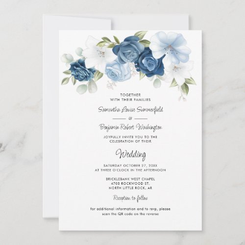 Dusty Blue Floral QR Code All in One Wedding Invitation