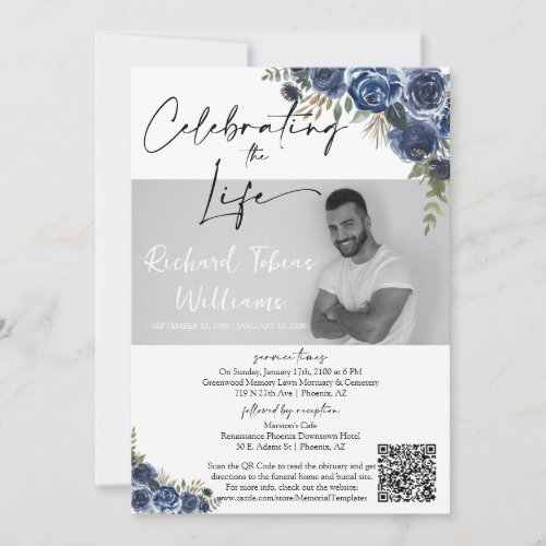 Dusty Blue Floral QR Code Memorial Photo Funeral Invitation