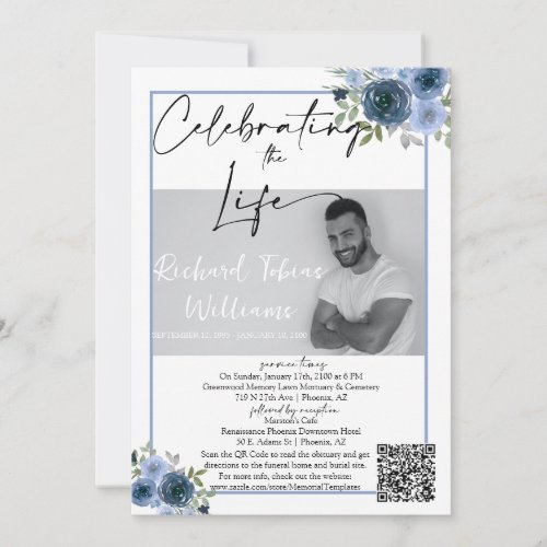 Dusty Blue Floral QR Code Memorial Photo Funeral Invitation