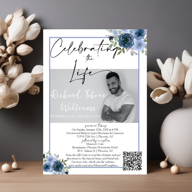 Dusty Blue Floral QR Code Memorial Photo Funeral Invitation (Creator Uploaded)