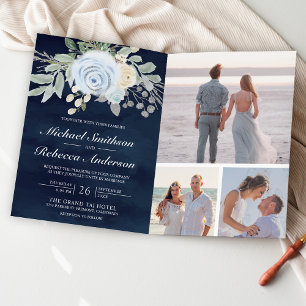 Dusty Blue Floral QR Code Navy Wedding Invitation