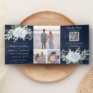 Dusty Blue Floral QR Code Navy Wedding Tri-Fold Invitation