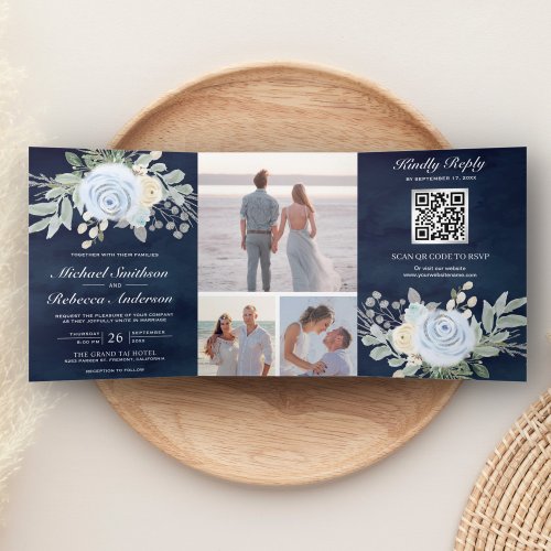 Dusty Blue Floral QR Code Navy Wedding Tri_Fold Invitation
