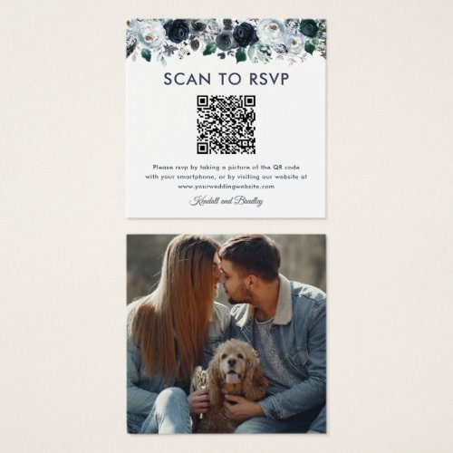 Dusty Blue Floral QR Code Photo Wedding RSVP - Modern wedding rsvp enclosure card featuring rustic boho blue watercolor flowers, and a QR code that directs your wedding guests to your wedding website where they will be able to reply online. The back of this square card features a photo for you to delete or replace with your own.