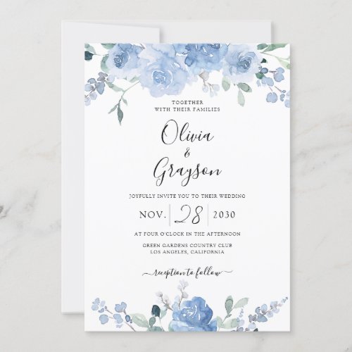Dusty Blue Floral QR Code RSVP All In One Wedding Invitation