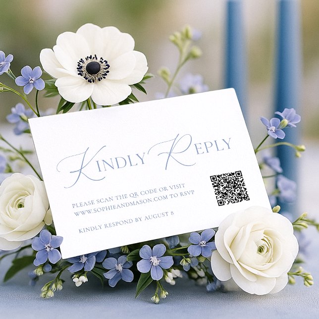 Dusty Blue Floral QR Code RSVP Card  (Creator Uploaded)