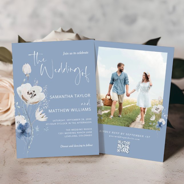 Dusty Blue Floral QR Code RSVP Photo Wedding Invitation (Creator Uploaded)