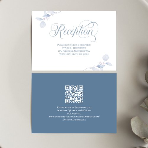 Dusty Blue Floral QR Code Wedding Reception RSVP Card
