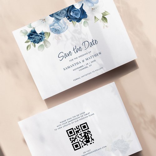 Dusty Blue Floral QR Code Wedding Save the Date