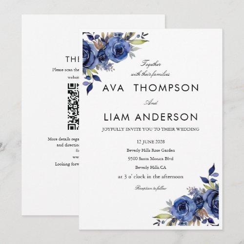 Dusty Blue  Floral QR simple  Wedding Invitation