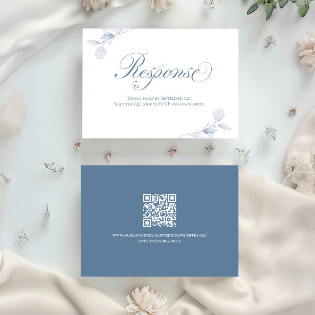 Dusty Blue Floral QR Wedding Response Card (Dusty blue QR code wedding RSVP card with elegant script and soft botanical accents)