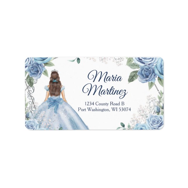Dusty Blue Floral Quinceañera  Address Labels (Front)