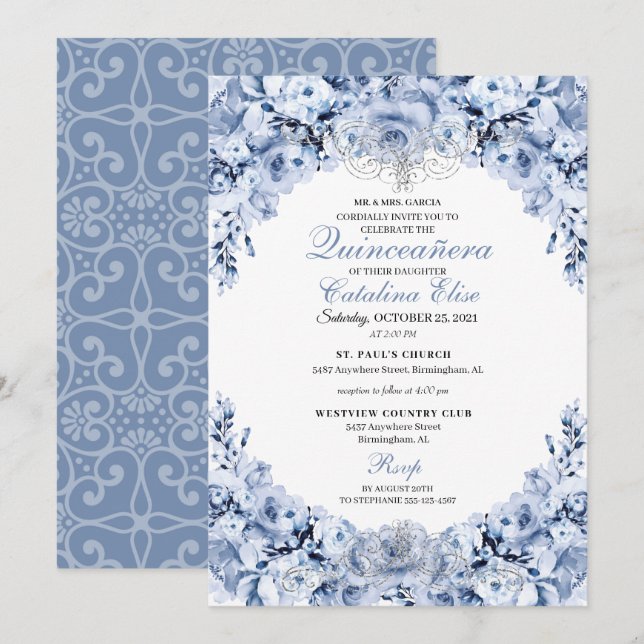 Dusty Blue Floral Quinceanera Birthday Invitation (Front/Back)