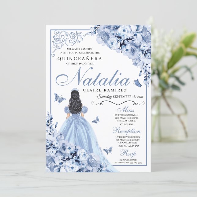 Dusty Blue Floral Quinceanera Birthday Invitation (Standing Front)