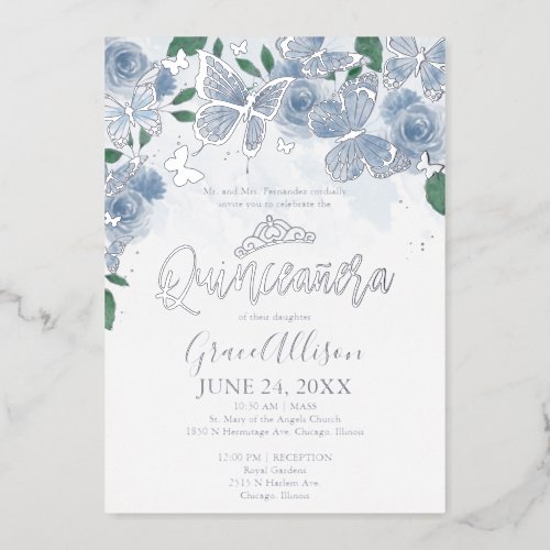 Dusty Blue Floral Quinceanera Butterfly Silver Foil Invitation