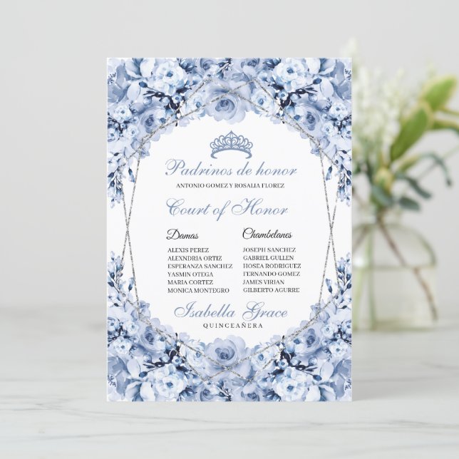 Dusty Blue Floral Quinceanera Court of Honor Invitation (Standing Front)