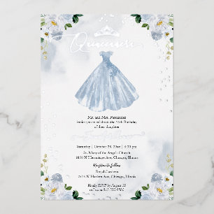 Dusty Blue Floral Quinceanera  Foil Invitation
