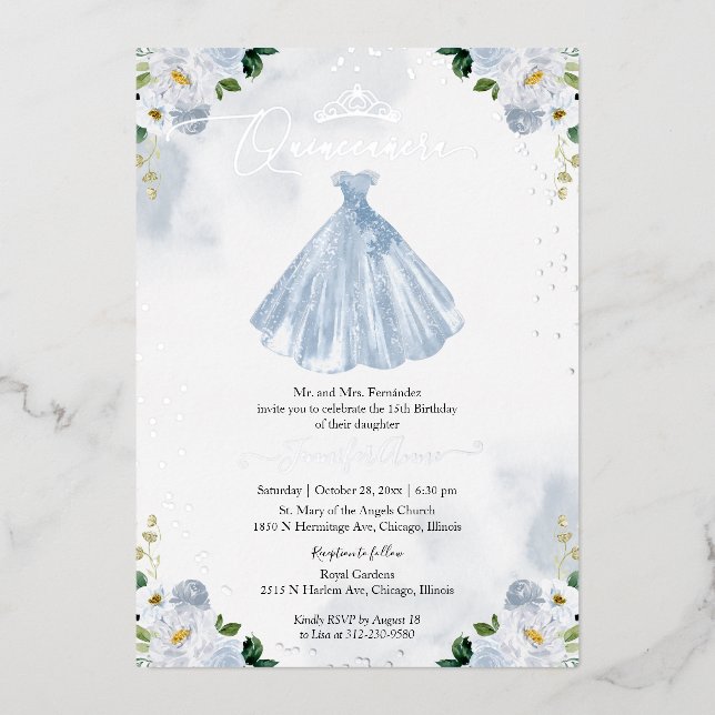 Dusty Blue Floral Quinceanera  Foil Invitation (Front)
