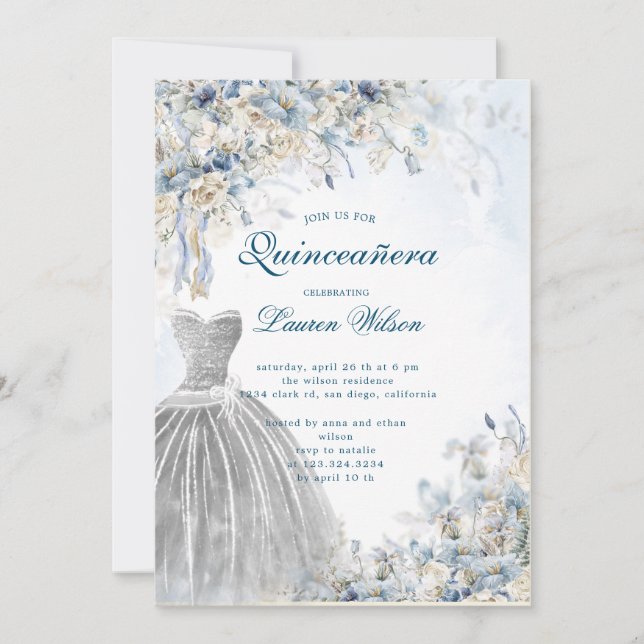 dusty blue floral  Quinceañera Invitation (Front)