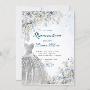 dusty blue floral Quinceañera Invitation