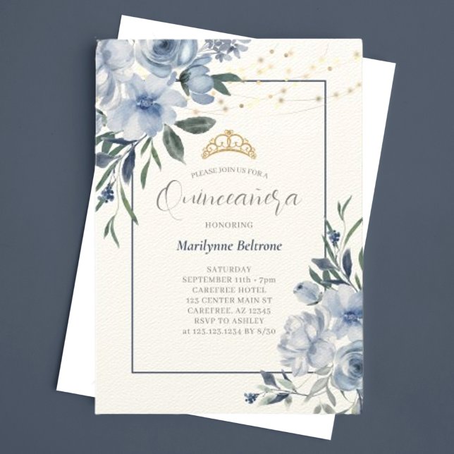 Dusty Blue Floral Quinceañera Invitation (Creator Uploaded)