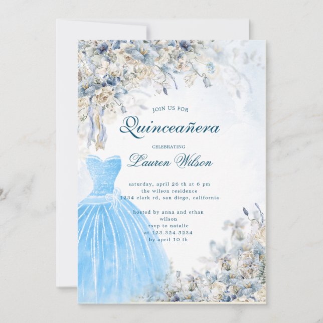 dusty blue floral  Quinceañera Invitation (Front)
