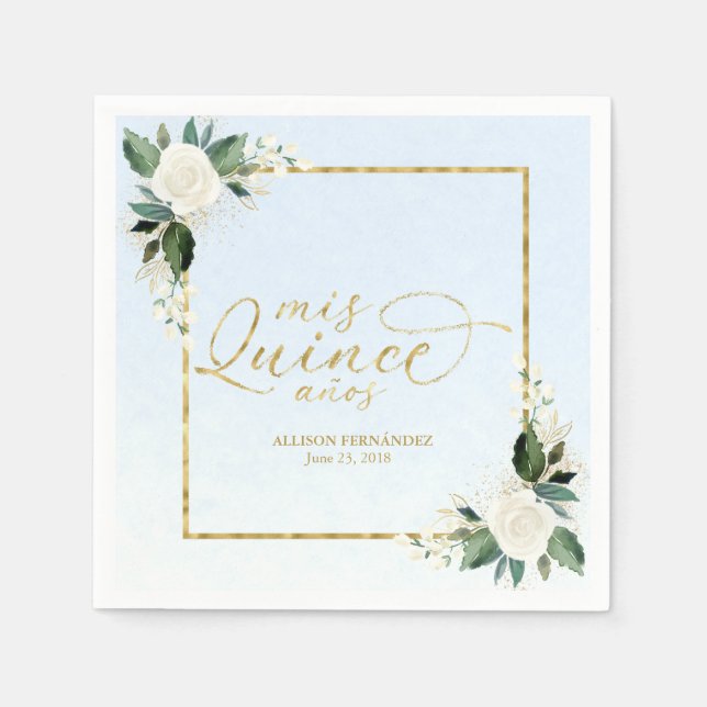 Dusty Blue Floral Quinceanera Napkins (Front)