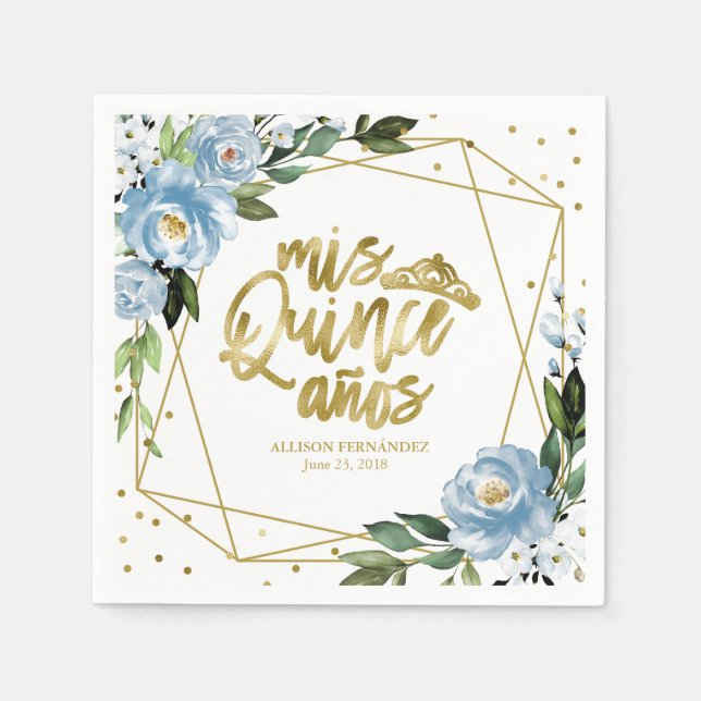 Dusty Blue Floral Quinceanera Napkins (Front)