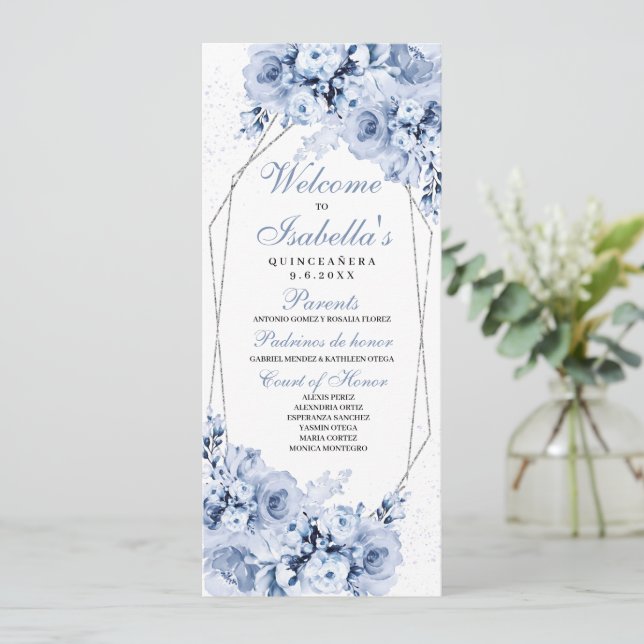 Dusty Blue Floral Quinceanera Program (Standing Front)