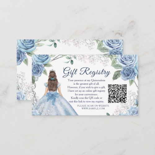 Dusty Blue Floral Quinceaera QR Gift Registry Enclosure Card