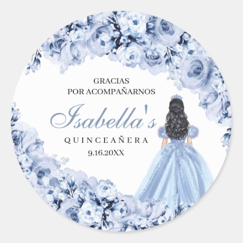 Dusty Blue Floral Quinceanera Round Stickers