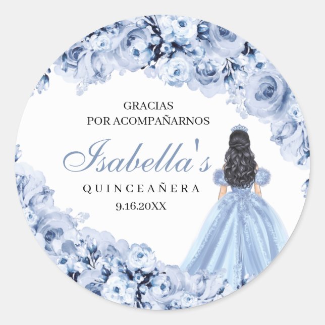Dusty Blue Floral Quinceanera Round Stickers (Front)