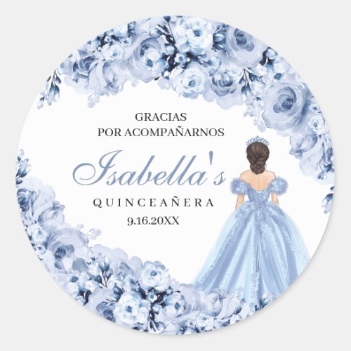 Dusty Blue Floral Quinceanera Round Stickers