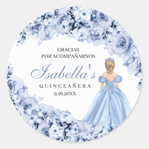 Dusty Blue Floral Quinceanera Round Stickers