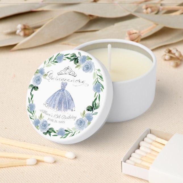 Dusty Blue Floral Quinceañera Tiara Mini Candle Favors (Insitu)