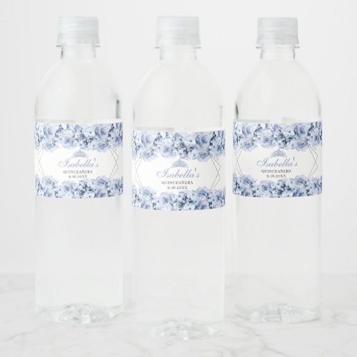 Dusty Blue Floral Quinceanera  Water Bottle Label