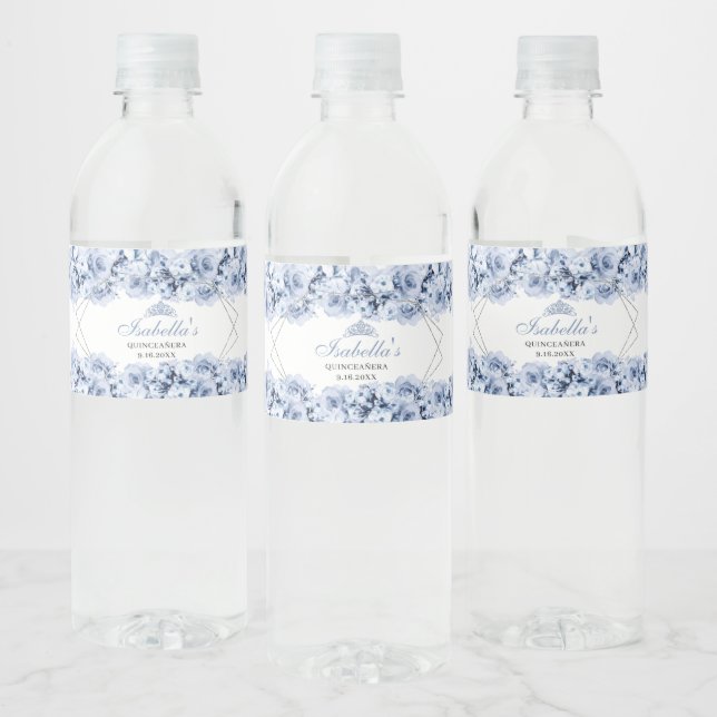 Dusty Blue Floral Quinceanera  Water Bottle Label (Bottles)