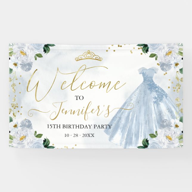 Dusty Blue Floral Quinceanera Welcome  Banner (Horizontal)