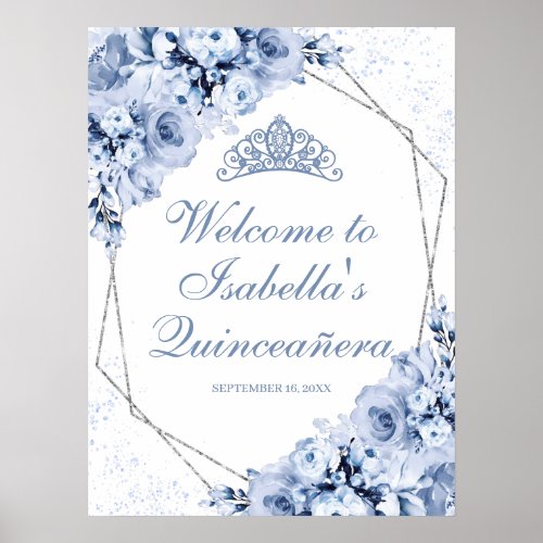 Dusty Blue Floral Quinceanera Welcome Sign