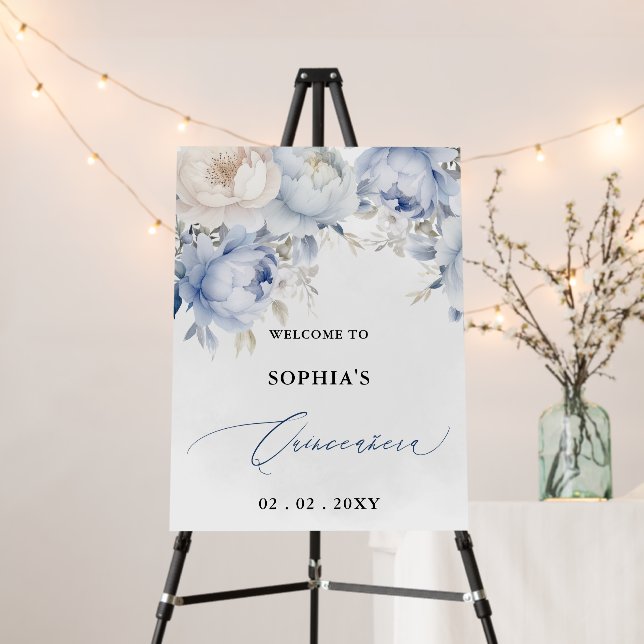 Dusty Blue Floral Quinceañera Welcome Sign (In Situ (Stand))