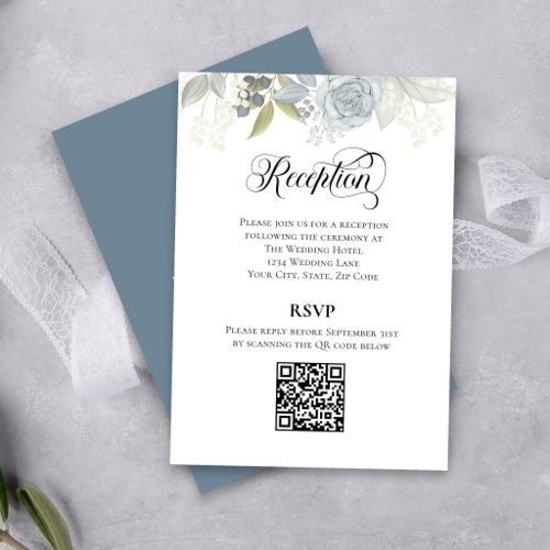Dusty Blue Floral Reception RSVP QR Code Card