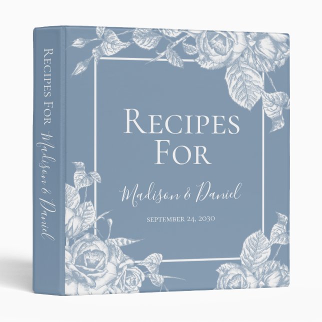 Dusty Blue Floral Recipe 3 Ring Binder (Front/Spine)