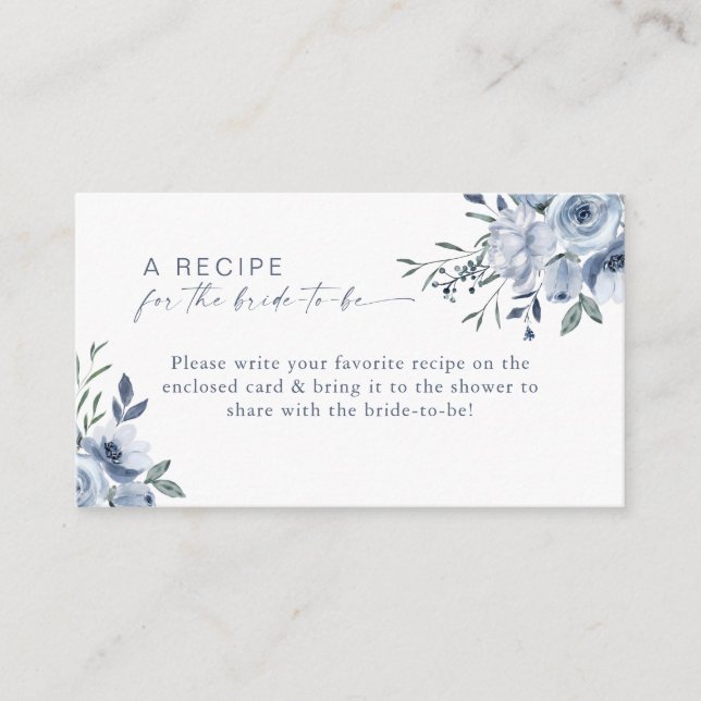 Dusty Blue Floral Recipe Bridal Shower  Enclosure Card (Front)