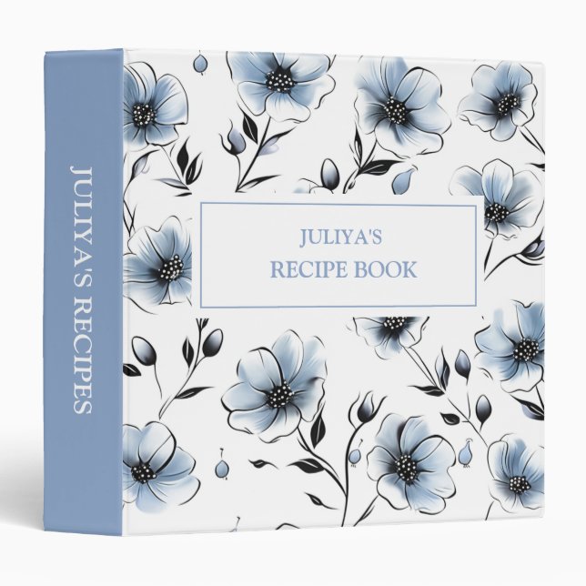 Dusty Blue floral  recipes 3 Ring Binder (Front/Spine)
