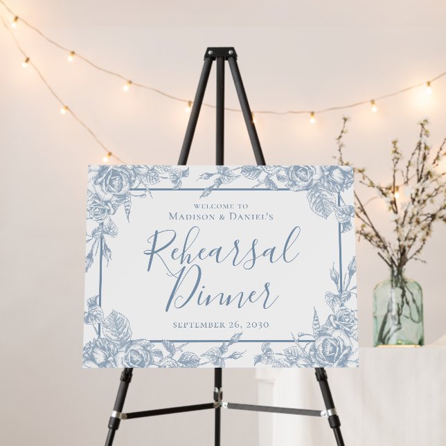 Dusty Blue Floral Rehearsal Dinner Foam Board (In Situ (Stand))