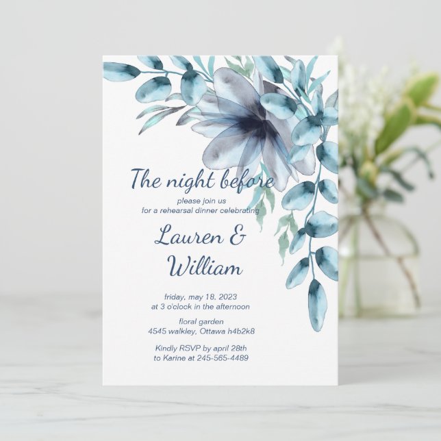 Dusty blue floral Rehearsal Dinner  Invitation (Standing Front)
